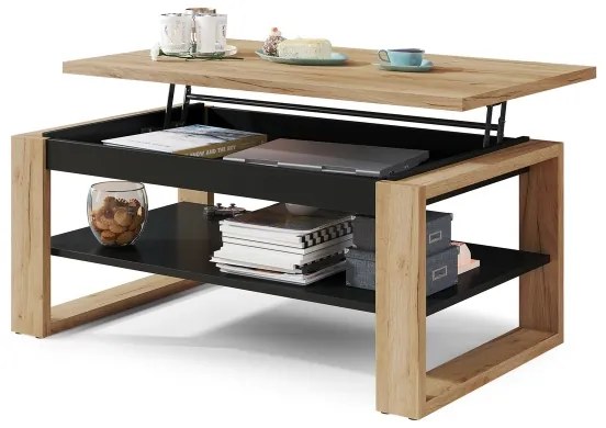 NEA konferencia asztal emelhető lappal és polccal, craft tölgy/fekete