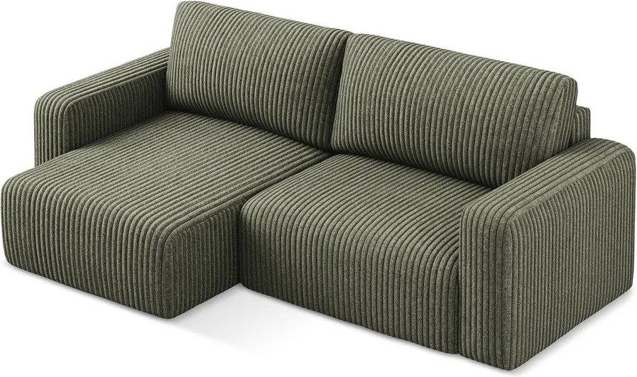 Zöld kordbársony kinyitható-tárolóhelyes sarokkanapé (bal oldali-heverő résszel) Kona – Makamii