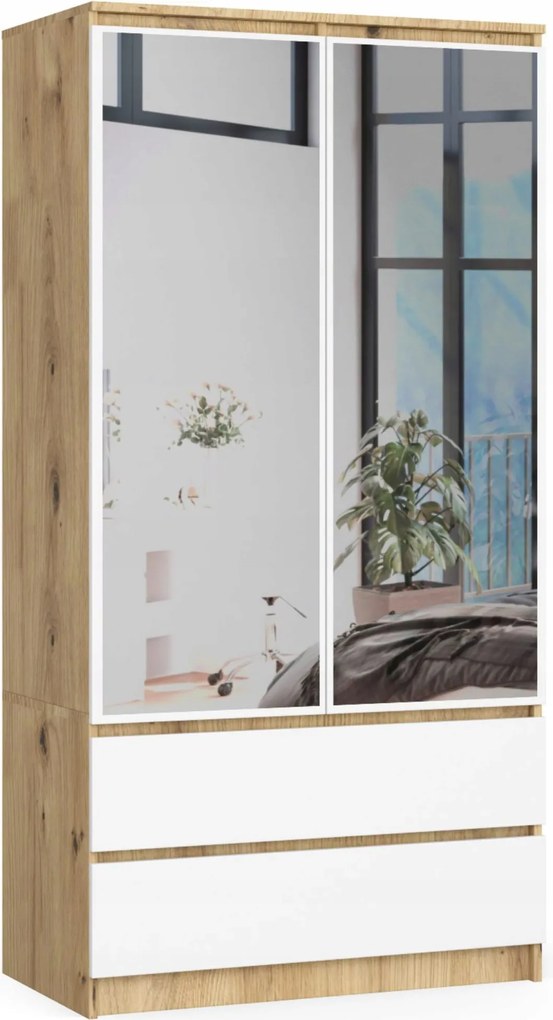 Szekrény S90 2D 2SZ 2 Tükör Clp Pk Tölgy Artisan Fehér Akd