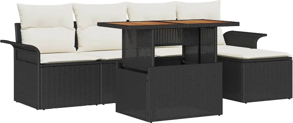 vidaXL Kerti Kanapé Szett tárolóval 6 pcs Fekete Poli rattan