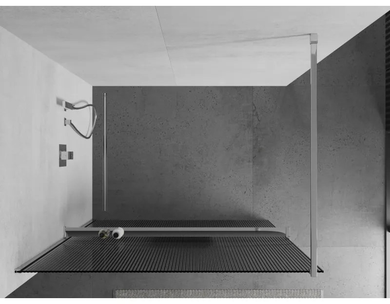 Mexen Kioto, zuhanyparaván polccal és törölközőtartóval 110 x 200 cm, 8 mm-es üveg bordás mintával, króm profil, 800-110-121-01-09