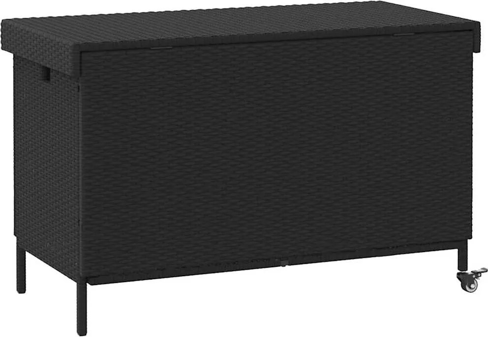 Fekete Polyrattan Kerti Tárolóláda Kerekekkel 110X55X73 Cm