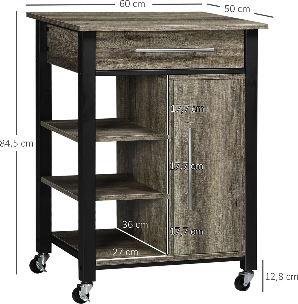 HOMCOM Konyhai Kocsi Fiókkal és Kerekekkel - 60 x 50 x 84,5 cm - Fekete és Tölgy Hatás | Aosom