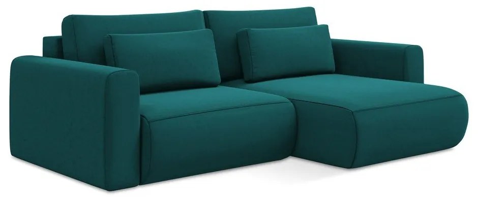 Türkiz bársony kinyitható-tárolóhelyes sarokkanapé (jobb oldali-heverő résszel) Kapua – Makamii