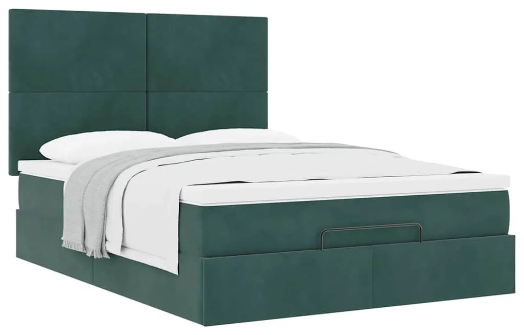 Ottomán ágykeret matracokkal sötétzöld 140x190cm bársony