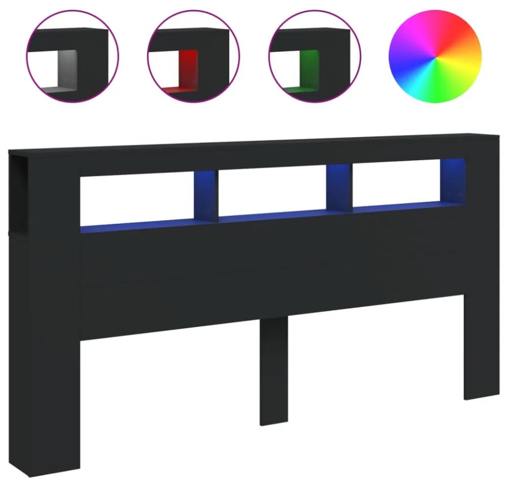 fekete szerelt fa LED-es fejtámla 200 x 18,5 x 103,5 cm