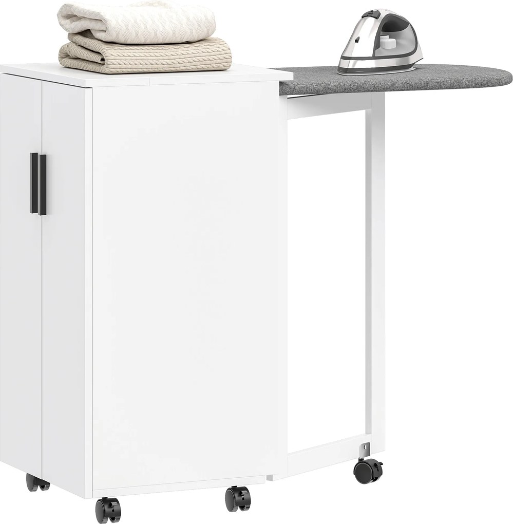HOMCOM összecsukható vasalódeszka-szekrény 2 ajtóval és állítható polccal — lehajtható vasalóállomás tárolóval, puha záródású zsanérok, kerekek, fehér