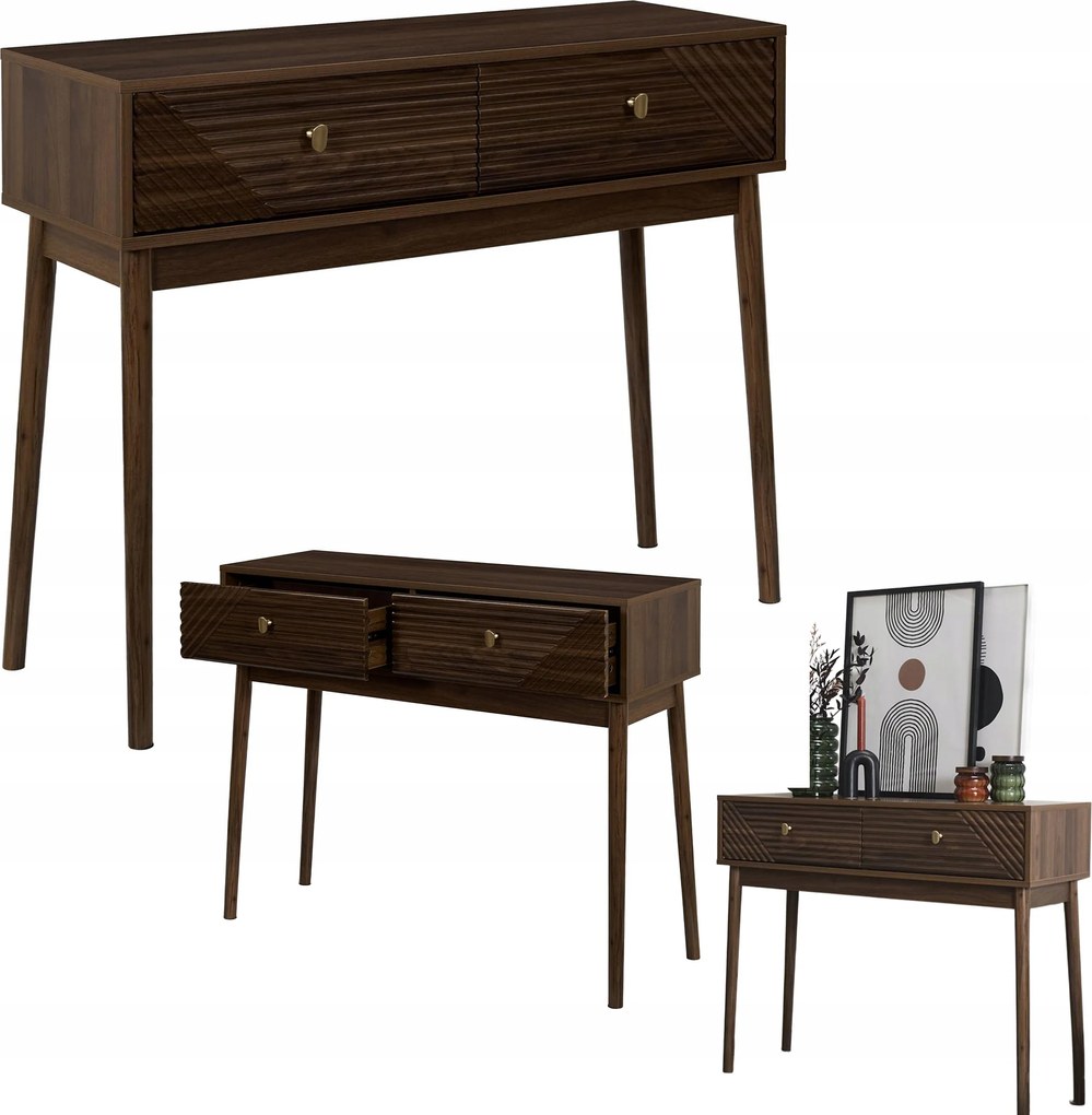 Lare konzol sötét dió 100x35x80 cm 2 fiókos mdf hálószoba nappali