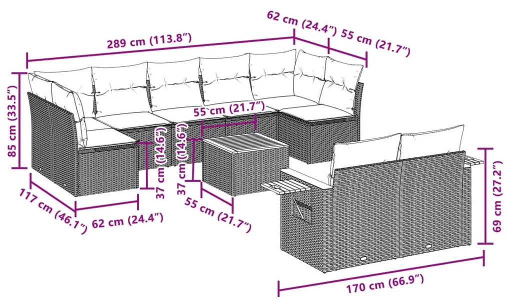 10 részes fekete polyrattan kerti ülőgarnitúra párnákkal