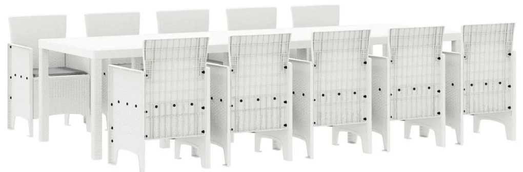 11 Darabos Kerti Étkező Szett Párnákkal Fehér Polirattan, Kerti Asztal Fehér 150x100x73 cm Polirattan, Kerti Székek Párnákkal 2 db Fehér Polirattan, Kerti Székek Párnákkal 4 db Fehér Polirattan