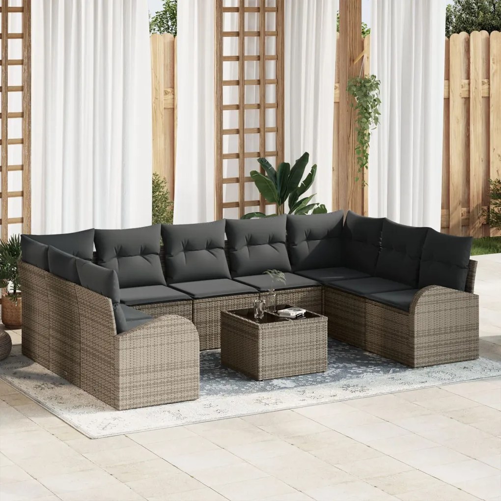 9 Darabos Kerti Sofaszett Párnával Fekete Poli Rattan