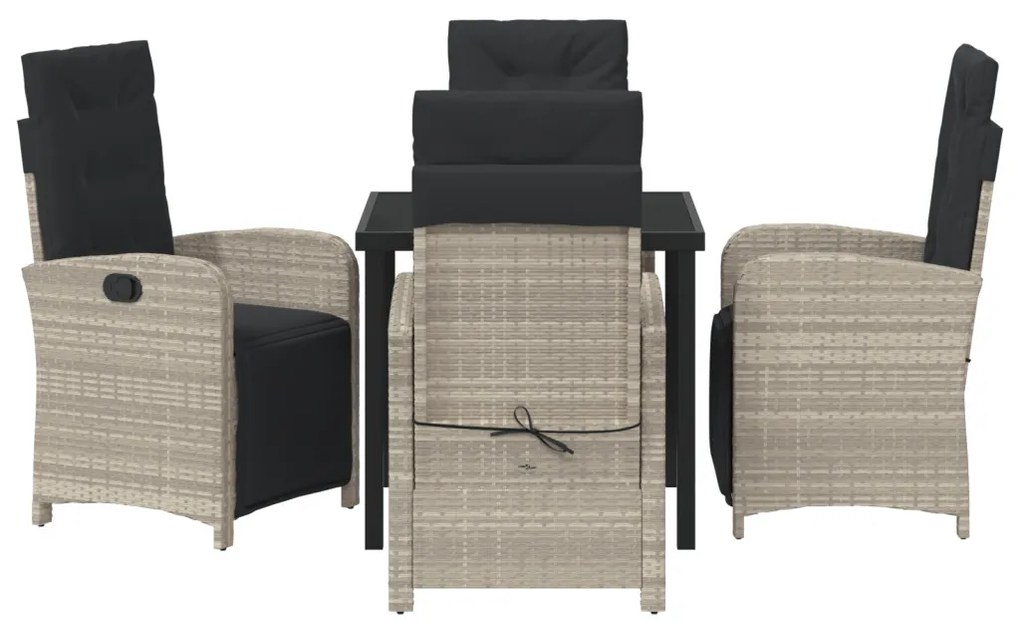 5 részes kerti étkezőszett párnákkal világosszürke poli rattan, kerti asztal fekete 80x80x73 cm edzett üveggel