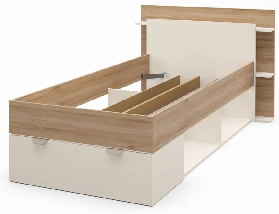 Fehér-natúr színű ágyneműtartós egyszemélyes ágy ágyrács nélkül, tölgyfa dekorral 90x200 cm Albo – Marckeric