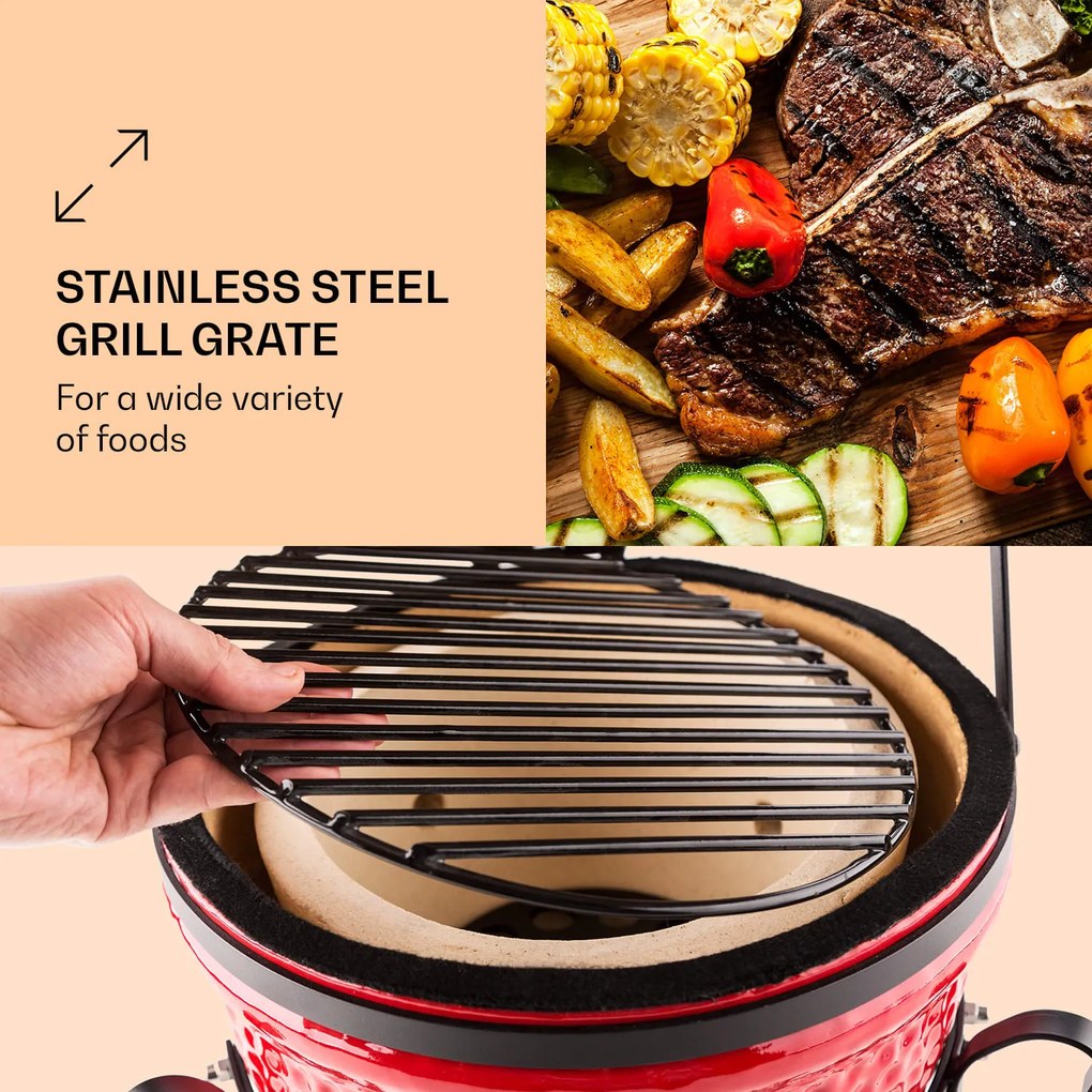 Princesize, kamado grill, kerámia, 11", füstölés, BBQ, lassú főzés, piros