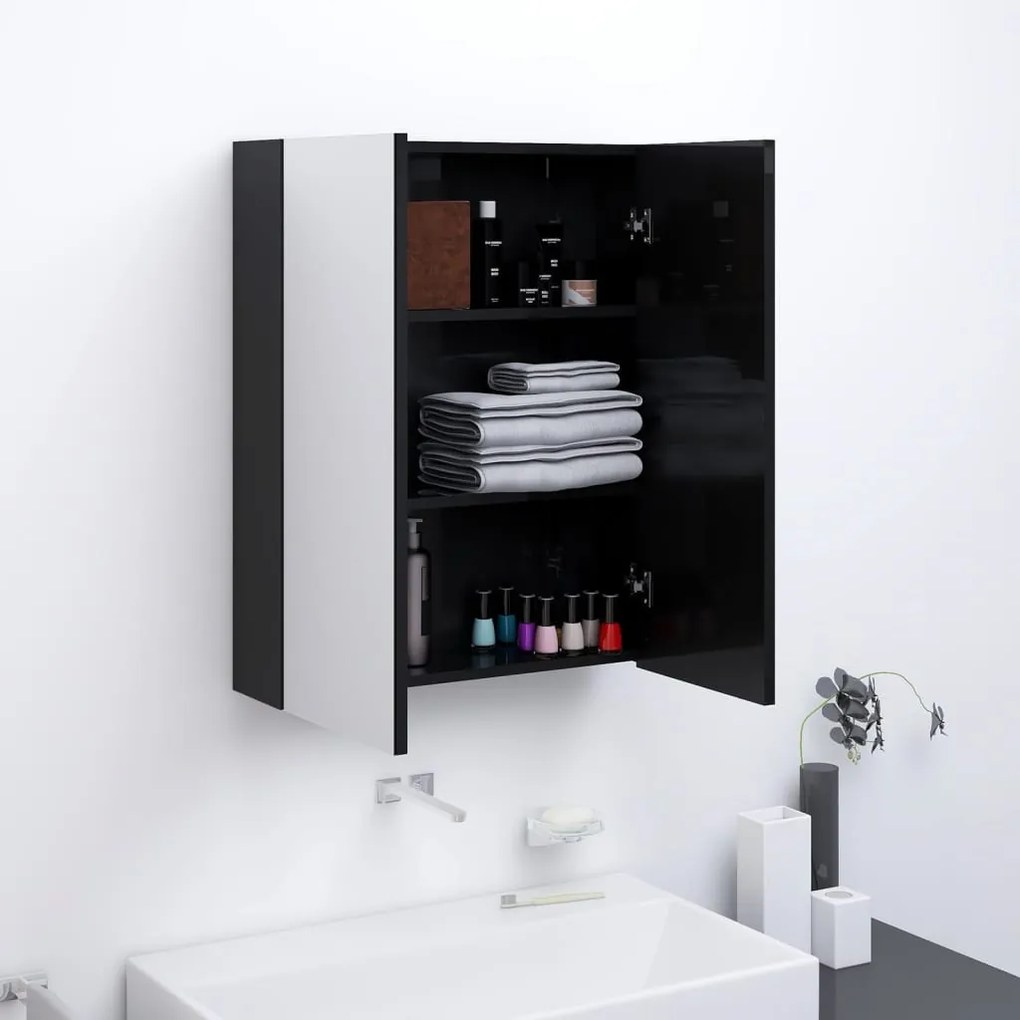 fényes fekete MDF tükrös fürdőszobaszekrény 60 x 15 x 75 cm