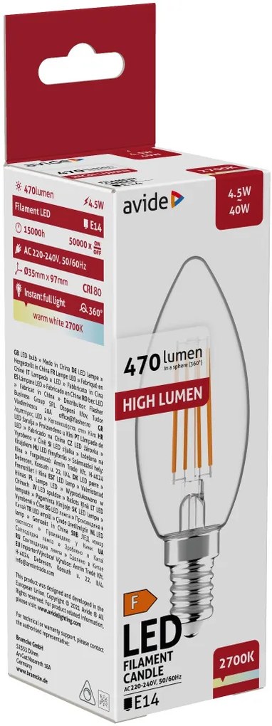 Avide LED Filament Candle 4.5W 470LM E14 WW 2700K