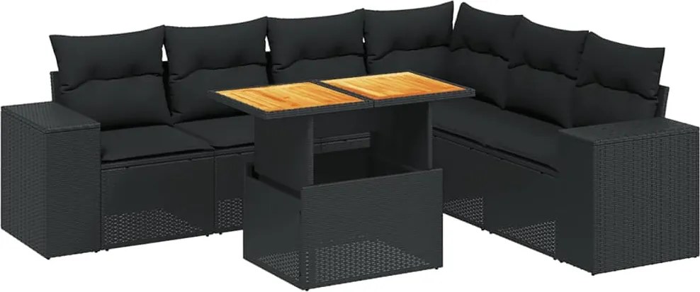 vidaXL 7 részes fekete polyrattan kerti ülőgarnitúra párnával