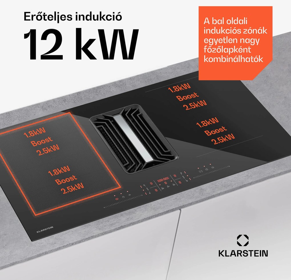 Klarstein AirJet Hybrid Down Air System, Indukciós főzőlap beépített páraelszívóval, 745 m³/h, EEK A++
