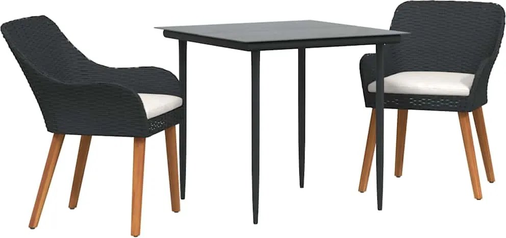 vidaXL Kert étkező szett párnával 3 pcs Fekete polirattan