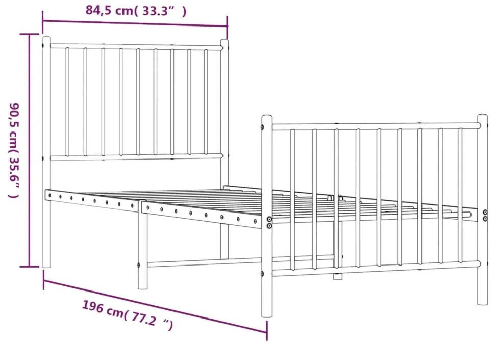fehér fém ágykeret fej- és lábtámlával 80x200 cm