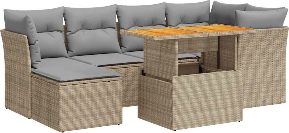 vidaXL 7 részes bézs polyrattan kerti ülőgarnitúra párnákkal