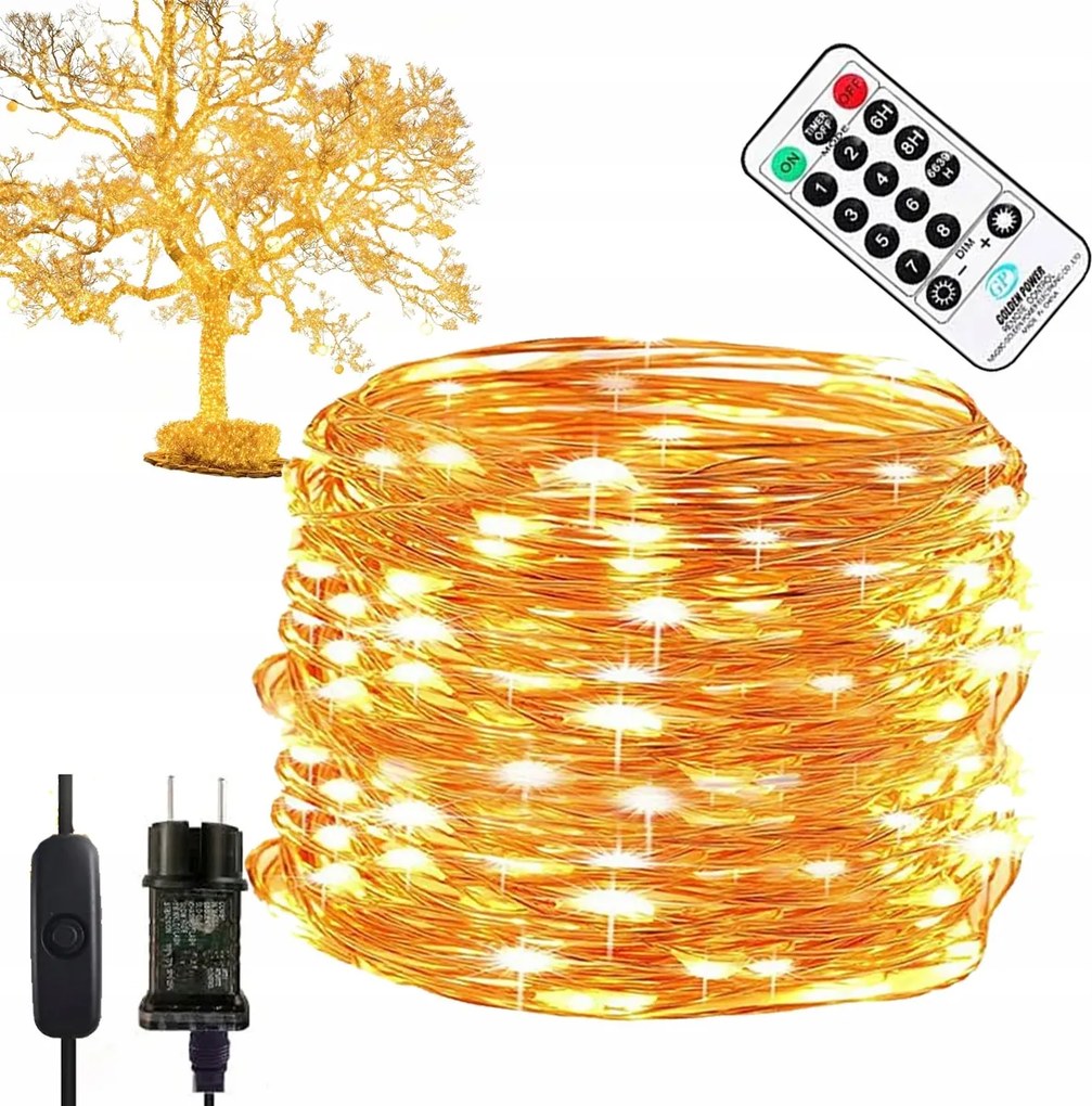 Karácsonyfa fényfüzér, meleg fehér fény, 100 Led