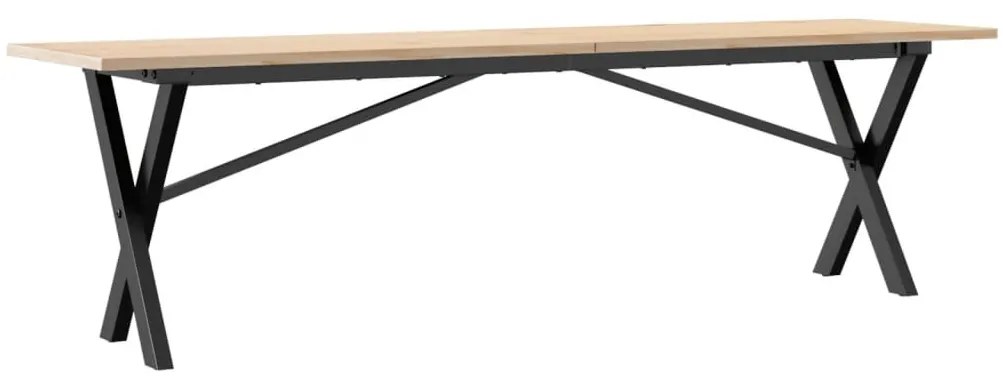 tömör fenyőfa és öntöttvas dohányzóasztal X-vázzal 160x40x45 cm