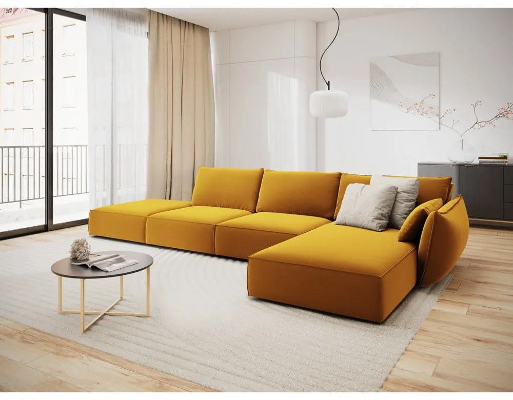 Mustársárga bársony sarokkanapé (jobb oldali-heverő résszel) Vanda – Mazzini Sofas