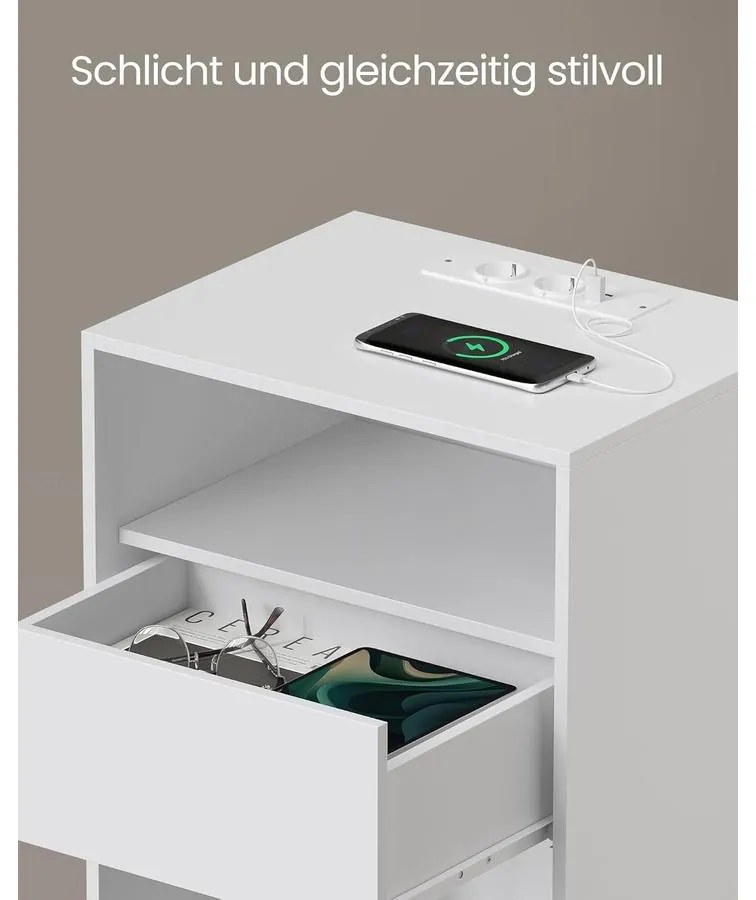 VASAGLE éjjeliszekrény 2 darabos szett beépített töltőfunkcióval, matt fehér
