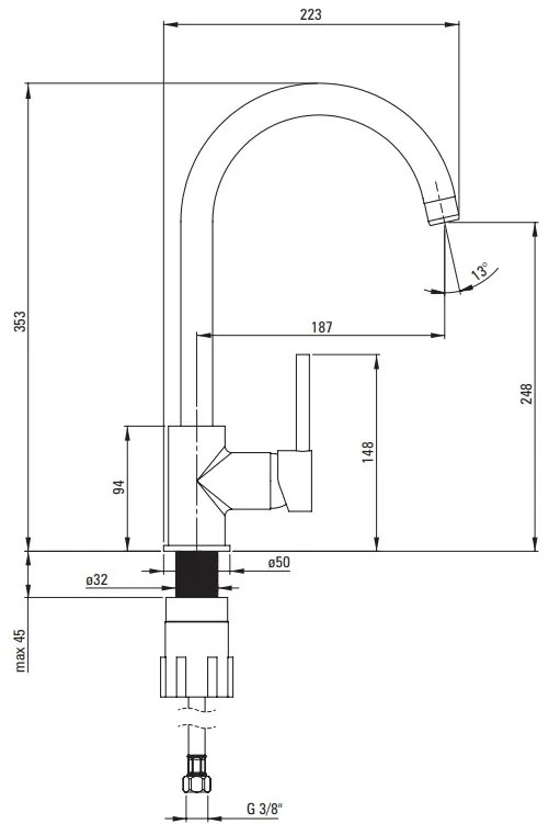 Deante Aster, szabadon álló mosogató csaptelep ECO-levegőztetővel 4,5 l/perc, króm, DEA-BCAE062M