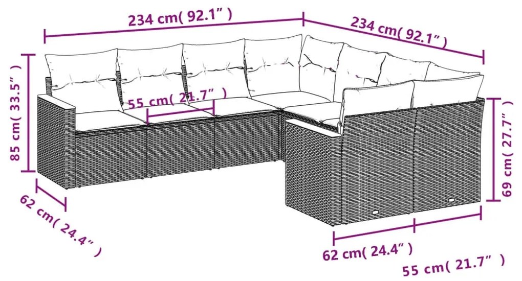 8 részes fekete polyrattan kerti ülőgarnitúra párnákkal