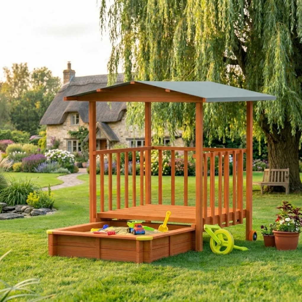 SUNNY verandás homokozó, 130x130x143cm, barna/szürke Jurhan