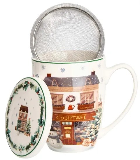 Karácsonyi Porcelán bögre fémszűrővel 360 ml díszdobozban Christmas City 2