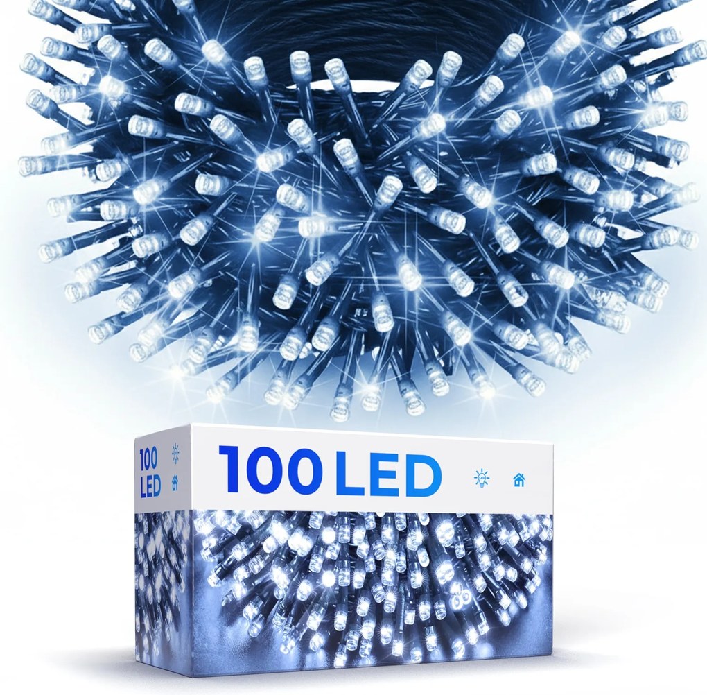 Karácsonyfa Fényfüzér 100 Led Fehér Hideg Programozó 8 Üzemmód