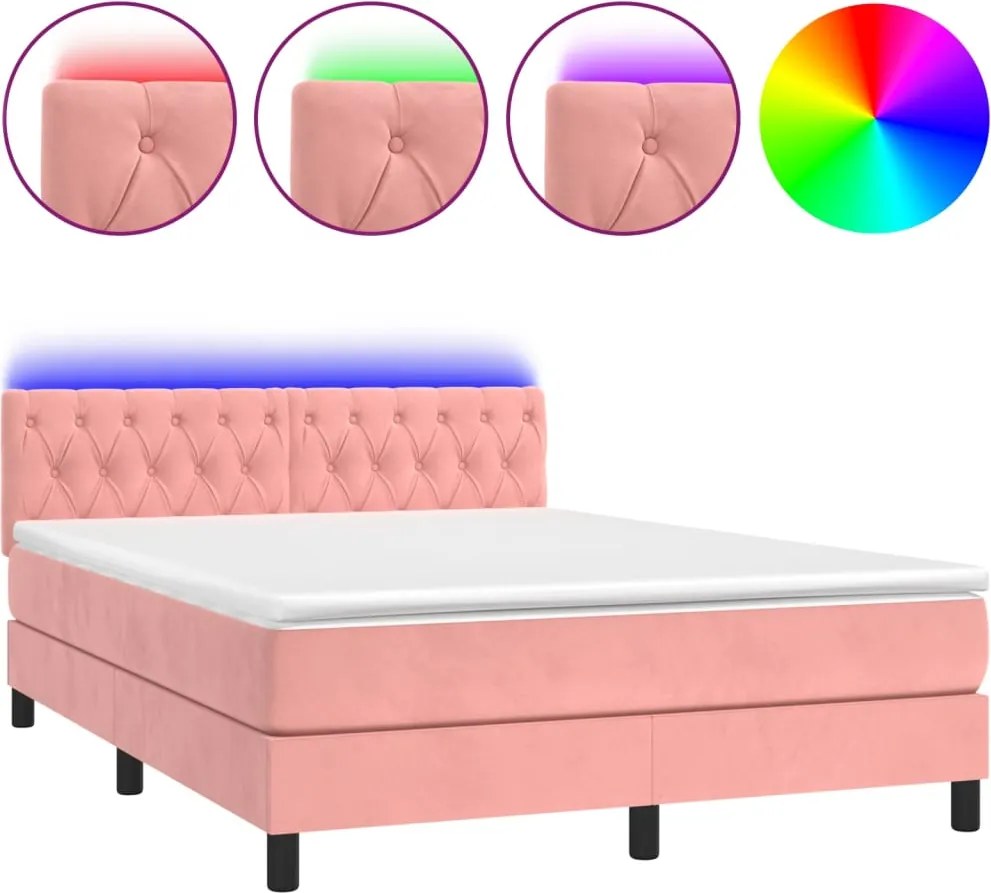 vidaXL rózsaszín bársony rugós és LED-es ágy matraccal 140x200 cm