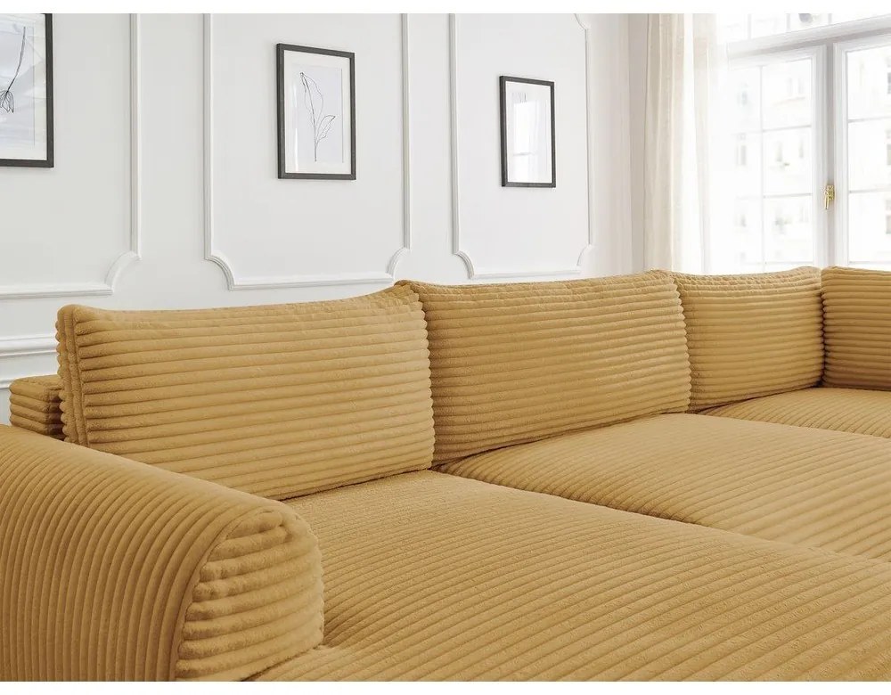 Mustársárga kordbársony kinyitható sarokkanapé (bal oldali-U alakú) Lucien – Bobochic Paris