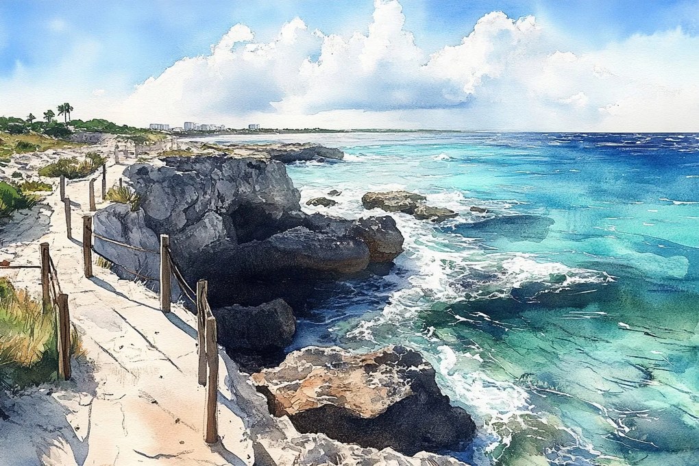 Vászonkép Canvas Tájkép Türkiz Óceán Tengerpart Sziklák Szikla Barlang 120x80