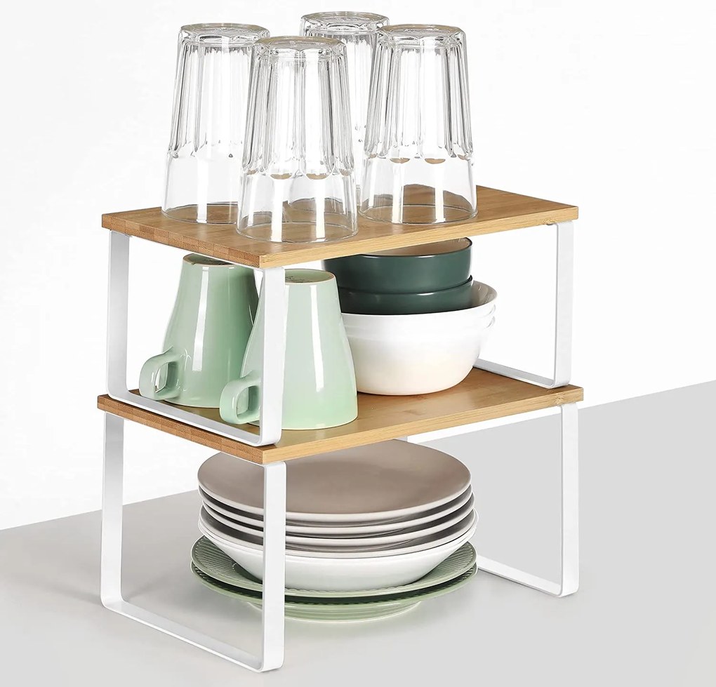 Bambusz fűszertartó, 2 db-os konyhai pult polcrendezők, natúr-fehér