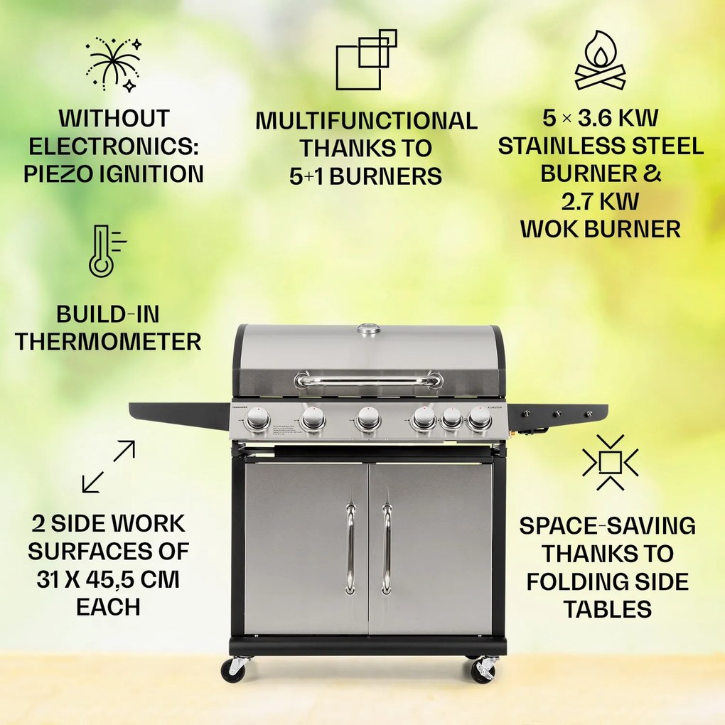 Tomahawk, gázgrill, 5 x 3,6 kW-os + 2,7 kW-os égő, 80 x 43,5 cm-es rozsdamentes acél grillsütő