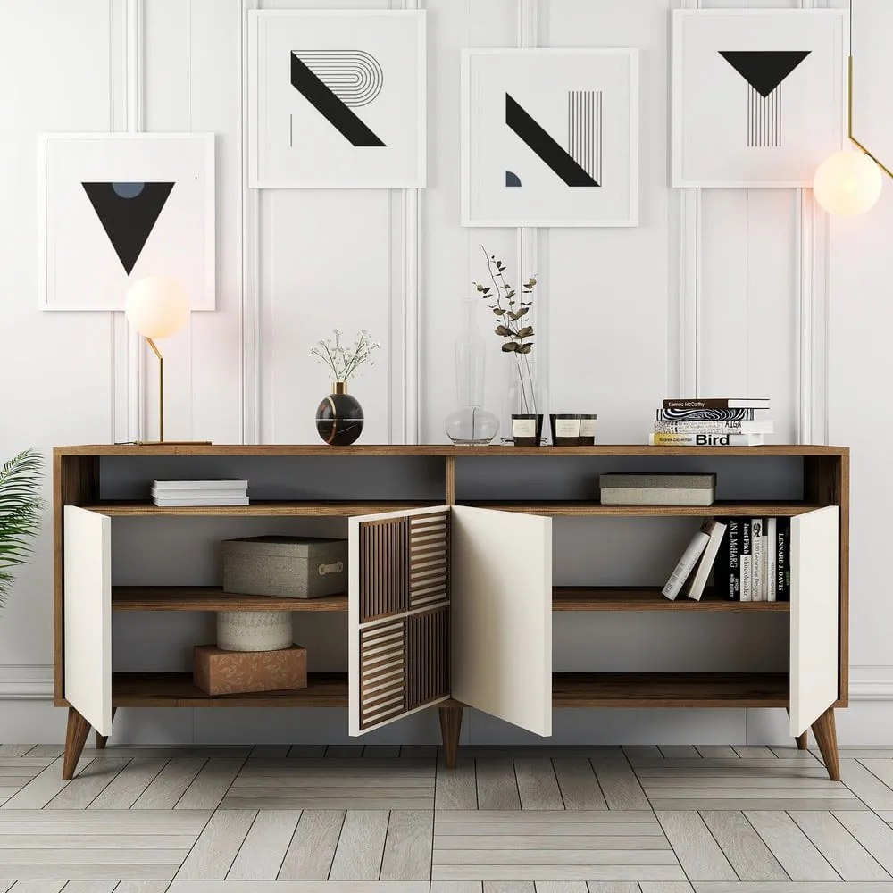 Krémszínű-natúr színű alacsony komód diófa dekorral 180x79 cm Milan – Kalune Design