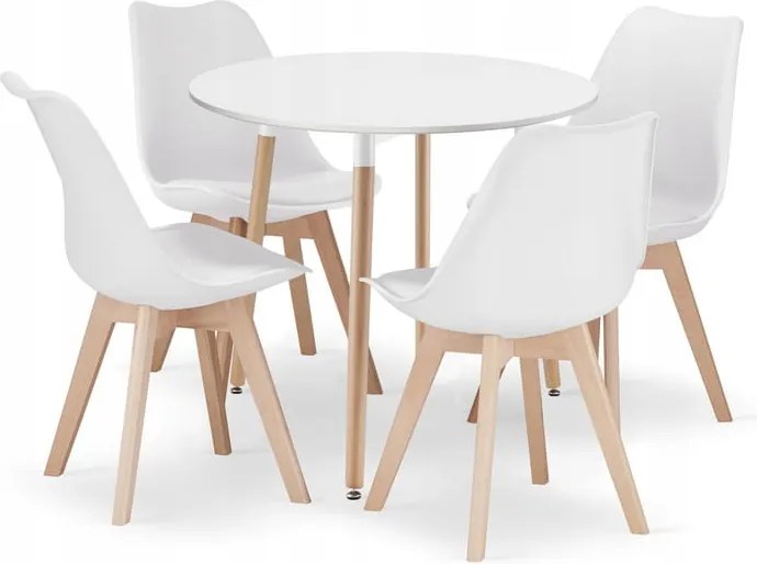 Kerek étkezőasztal szett: KAMI 80 cm fehér + 4x Oslo fehér/natúr