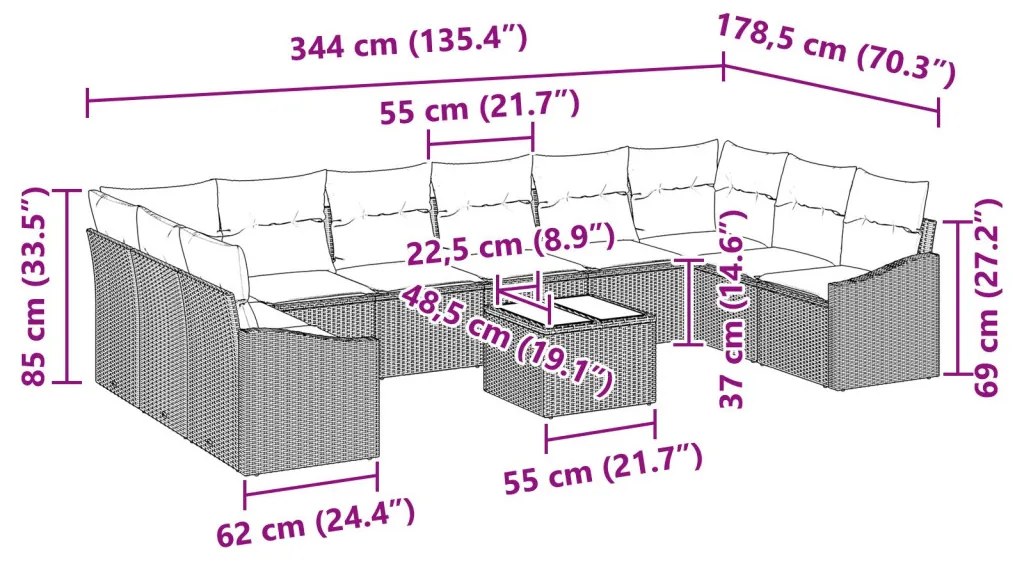 Kerti Kanapé Szett 11 pcs Világosszürke Poli rattan