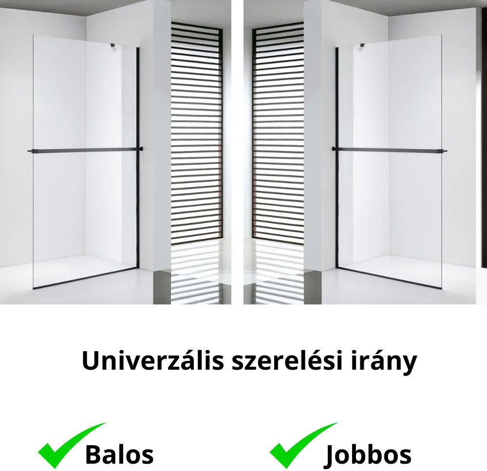 Stuxi Milano Easy Plus Black Walk-in zuhanyfal, 80x200 cm, 8 mm vastag vízlepergető üveggel, helytakarékos stabilizátorral, polccal, törölközőtartóval