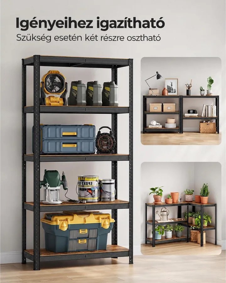 Nagy teherbírású tárolópolc, 5 állítható polccal, 875 kg teherbírás, 90 x 40 x 180 cm, rusztikus barna/fekete