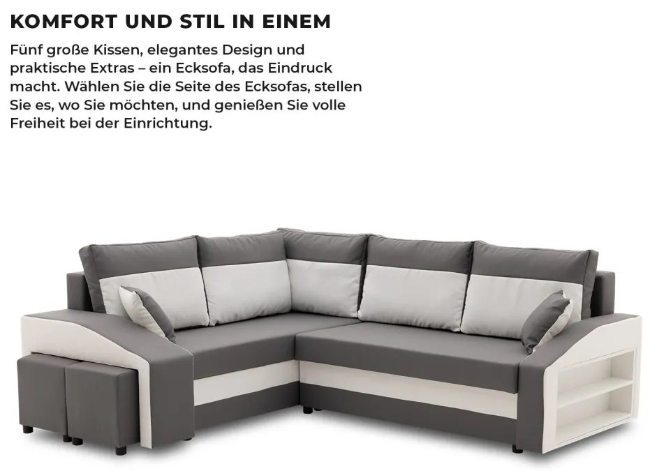 Grande sarokkanapé polcokkal és puffokkal , polc a jobb karfaban puffok a bal karfaban, baloldali, szövet anyag, bonell töltet, szürke - fehér