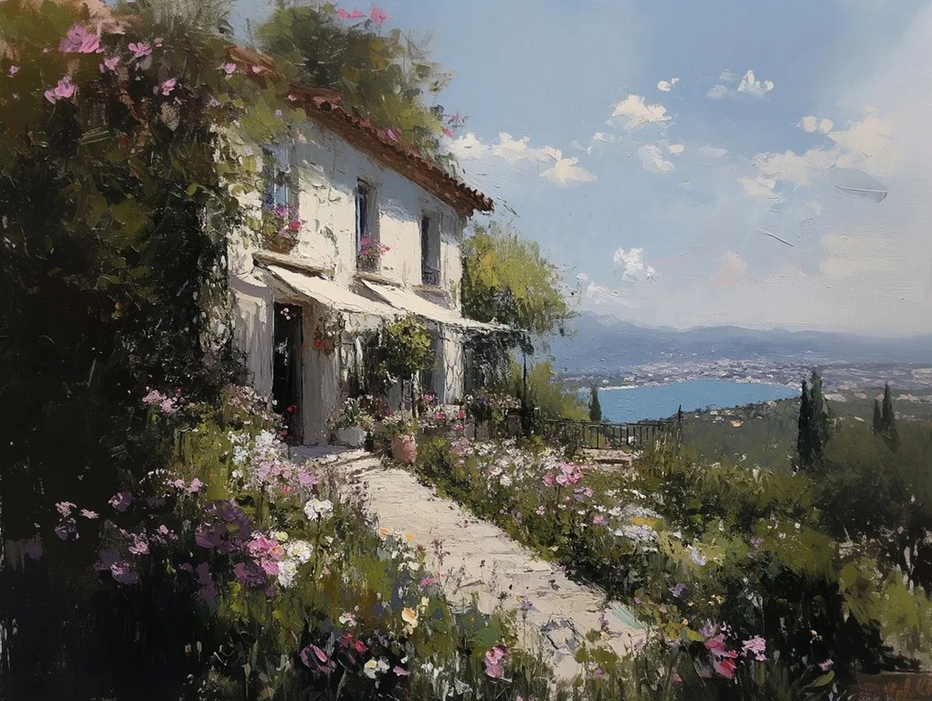 Vászonkép Canvas Tájkép Tenger Hegyek Ház Villa Kert Virágok 80x60