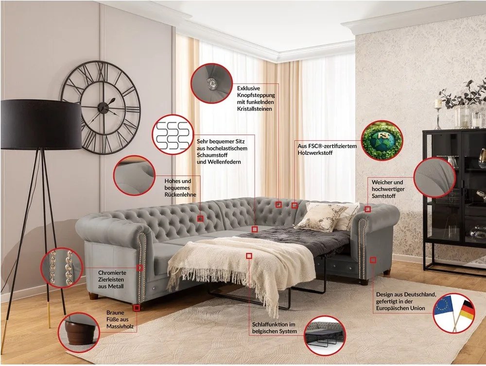 Szürke bársony kinyitható sarokkanapé (jobb oldali-L alakú) York Blik – Ropez