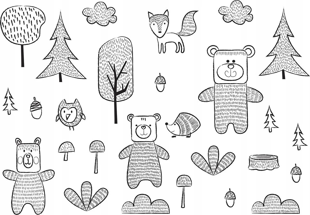 Tapéta Erdei állatok kontúr vázlat monokróm vinil 416x254 +ragasztó