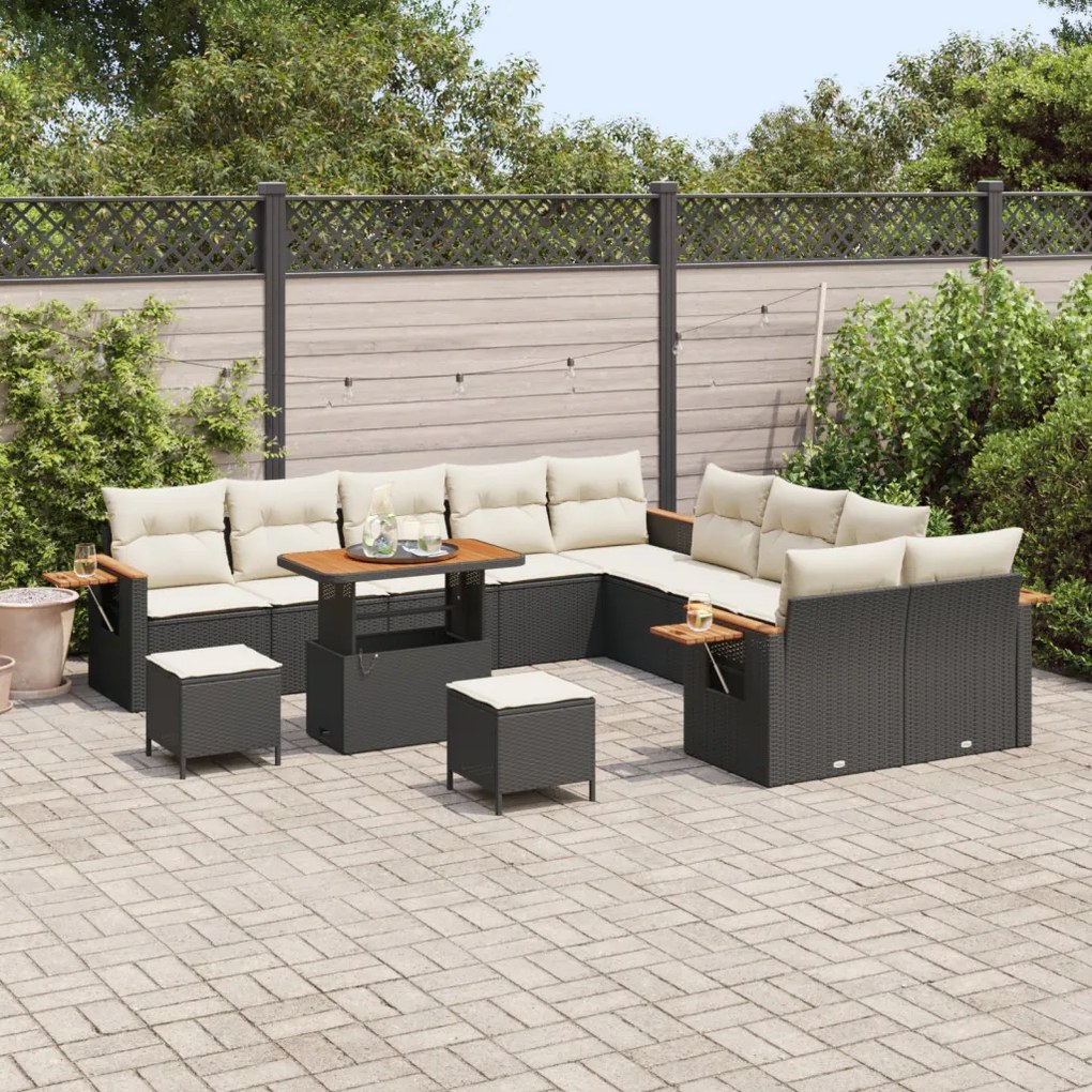 13 Részes Kert Sofa Készlet Párnákkal Fekete Poli Rattan Akácia, 3 Részes Kert Étkező Készlet Párnákkal Fekete Poli Rattan Akácia