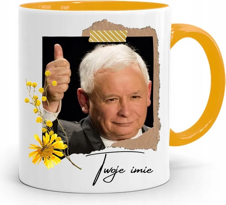 Sárga Bögre Jaroslaw Kaczynski Pis Elnök Ajándéka fényképes nyomtatással